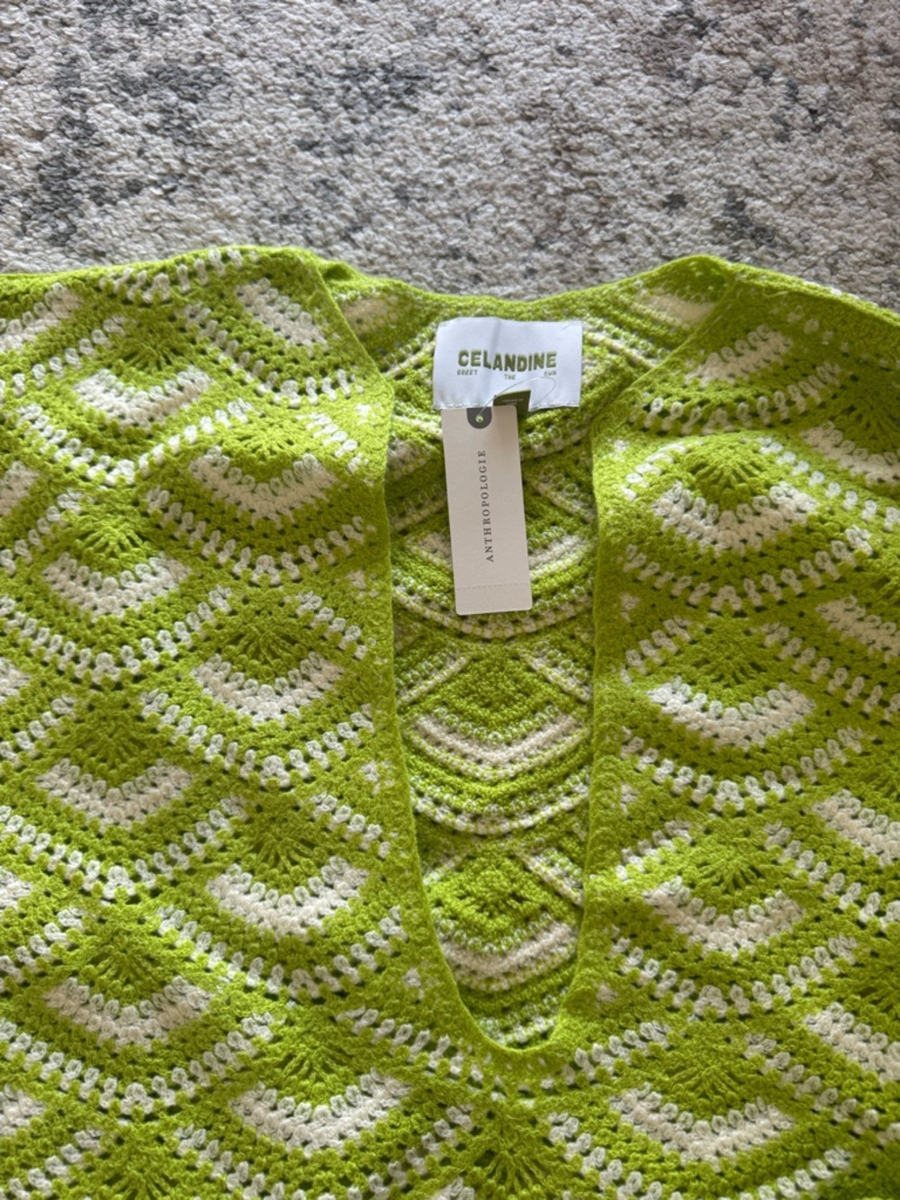 Anthropologie Célandine Lime Green and Cream Crochet V-Neck Sweater